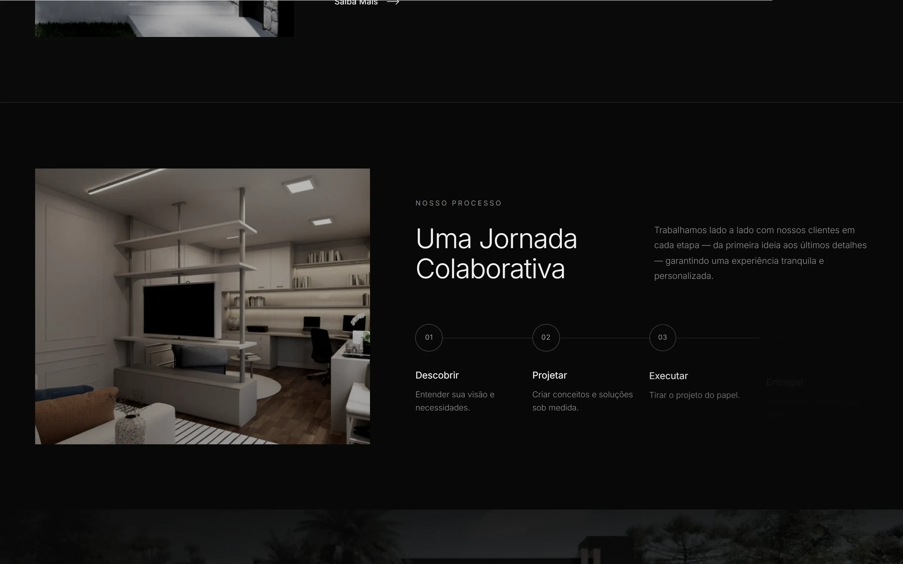 Seção “Uma Jornada Colaborativa” com as etapas Descobrir, Projetar, Executar e Entregar.